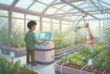 Cartoon smart greenhouse control hub with robotic irrigation arms, sensor modules, environmental monitors, and rows of healthy plants.