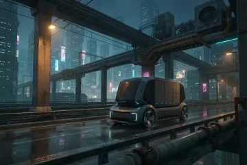Cyberpunk autonomous cargo shuttle driving through a rainy elevated freight corridor in a futuristic megacity at night.