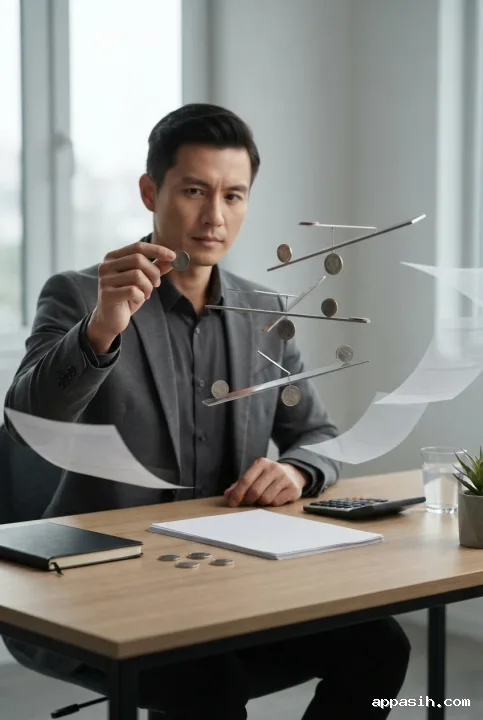Surreal entrepreneur lifting a coin at an office desk beneath floating financial ledgers and balanced geometric structures symbolizing strategic financial decisions.