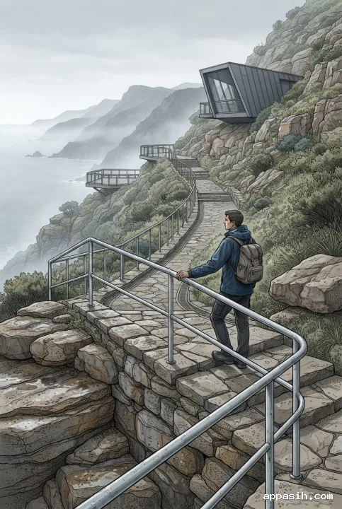 Detailed technical travel illustration of a traveler pausing beside a railing on a cliffside stone trail leading to an observatory above a misty coastal bay.