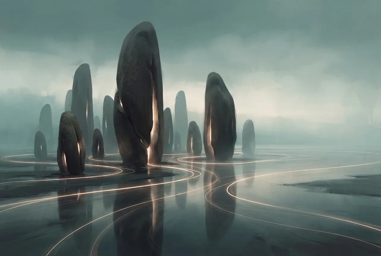 Abstract concept art of glowing mineral monoliths connected by luminous ribbons across a misty reflective tidal plane.