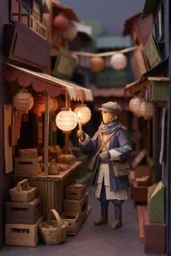 Papercraft lantern keeper lighting a hanging lantern at a layered paper-cut night market stall.