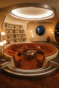 Retro-futurist sunken lounge with a burnt orange modular conversation pit, oval glass table, globe lamps, brushed metal trim, and curved cream wall panels.