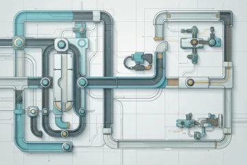 Abstract modular energy conduit grid technical illustration with geometric channels, circular junction nodes, layered flow paths, and cyan and amber accents.