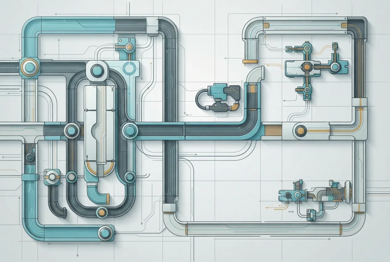 Abstract modular energy conduit grid technical illustration with geometric channels, circular junction nodes, layered flow paths, and cyan and amber accents.