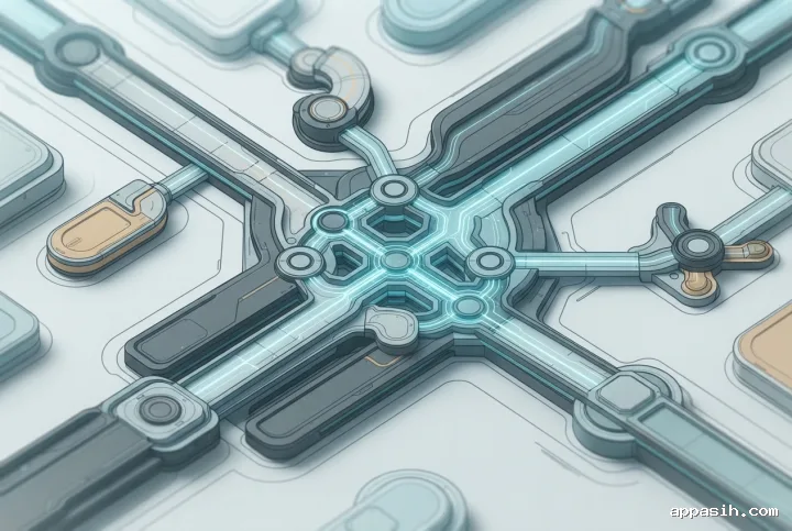 Closer three-quarter view of an abstract modular energy conduit grid technical illustration with layered channels, circular junctions, and concentrated cyan and amber flow accents.