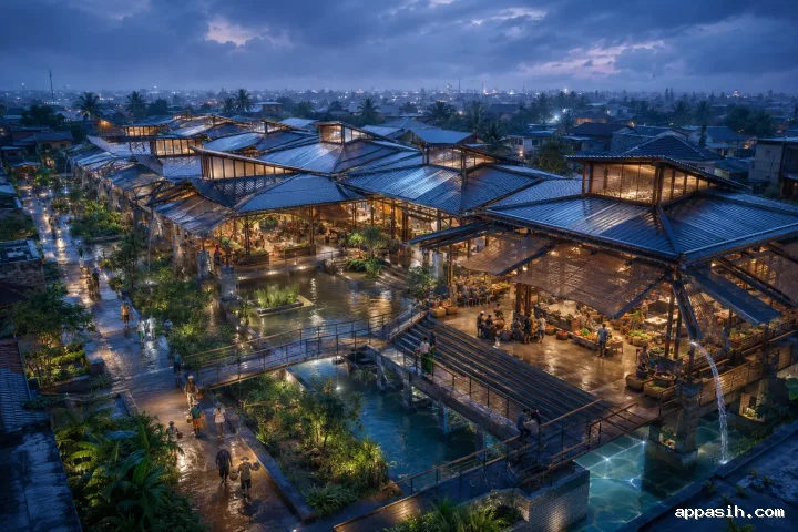 Kompleks pasar dan tempat perlindungan publik yang ditinggikan di atas air banjir saat blue hour, dengan atap berventilasi, jembatan pejalan kaki, taman filtrasi, dan cahaya interior hangat.