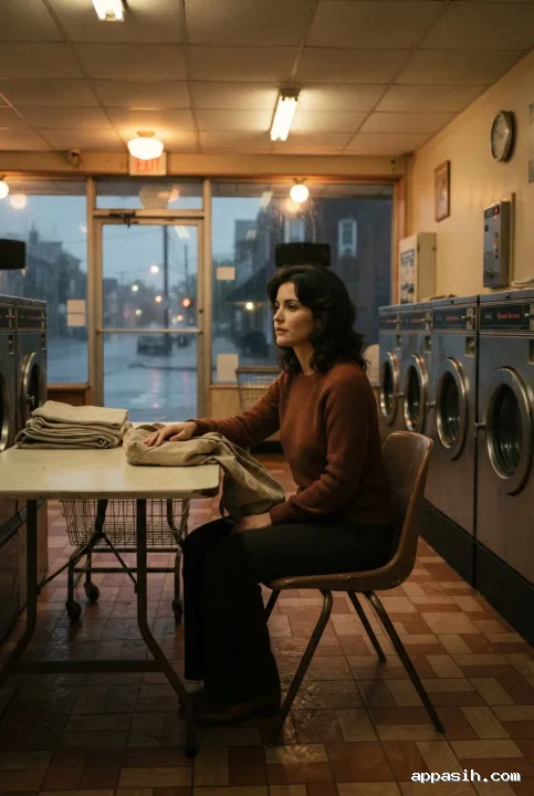 A closer three-quarter view of a solitary customer waiting in the same 1970s laundromat, surrounded by chrome washing machines, rain-covered windows, vintage furnishings, and warm amber light.