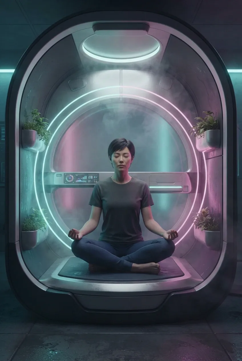 Breathwork practitioner meditating in a cyberpunk wellness pod with glowing biometric rings, green plants, mist, and cyan-magenta lighting.