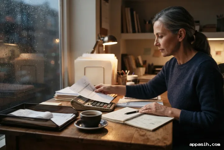 Small business owner closely reviewing cash flow paperwork beside a calculator and notebook at a wooden desk during a rainy evening.