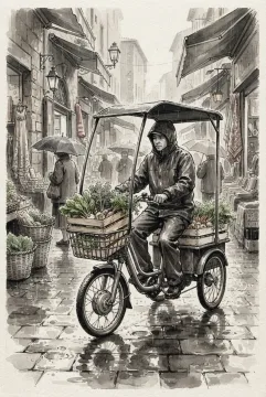 Electric cargo tricycle carrying vegetable crates through a rainy market street in a monochrome Ink Wash drawing.