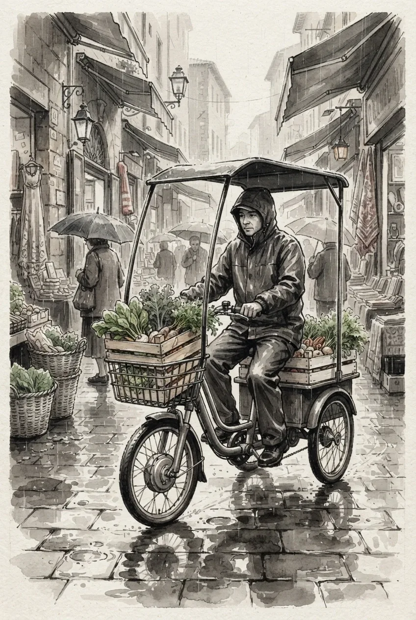 Electric cargo tricycle carrying vegetable crates through a rainy market street in a monochrome Ink Wash drawing.