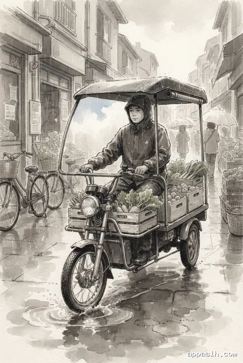 Closer Ink Wash drawing of an electric cargo tricycle carrying produce along the same rainy market street with puddle reflections and misty shopfronts.