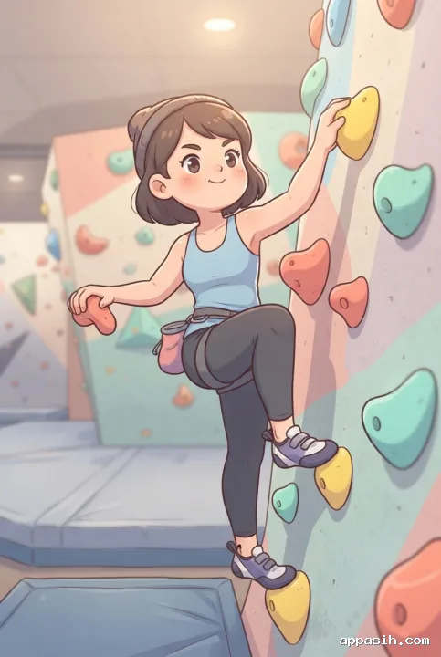 Kawaii cartoon indoor climber viewed from a closer three-quarter angle while reaching toward a yellow bouldering hold in a pastel climbing gym.