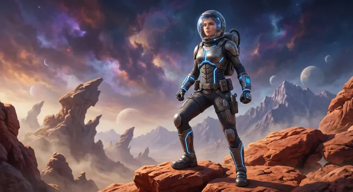 Premium sci-fi character design of a brave young space explorer on an alien planet with cinematic lighting