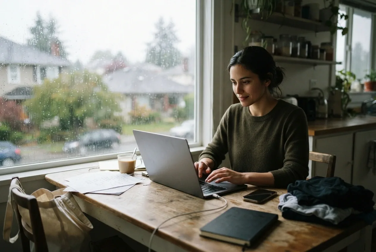 Remote worker using an unbranded laptop at a kitchen table with notes, household items, and a rain-streaked window in a photorealistic editorial scene.