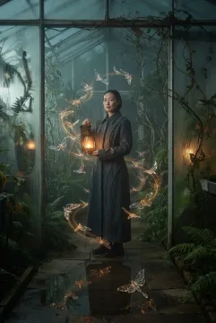 Surreal lantern keeper holding a glowing amber lantern in a rainy greenhouse while translucent glass moths float among wet plants and reflective puddles.
