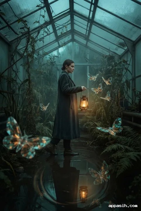 Surreal lantern keeper stepping through a reflective greenhouse puddle as glowing amber light refracts through floating glass moths among wet vines and misted panes.