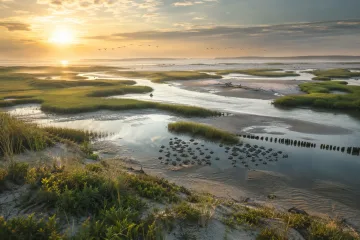 Restored coastal salt marsh with winding tidal channels, migratory birds, reflective pools, and golden sunrise mist.
