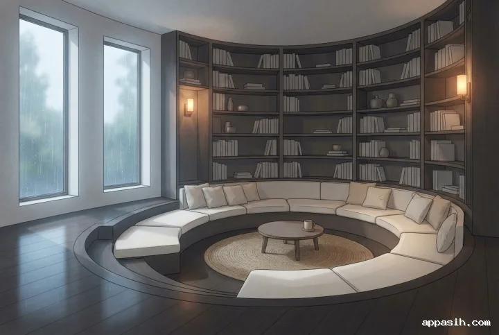 Detailed 2D illustration of the same rainlit sunken reading lounge with curved bookshelves, cream seating, warm wall lamps, and a closer three-quarter view.