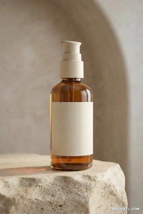 Three-quarter view of an unbranded amber glass skincare pump bottle on a textured travertine pedestal in a warm photorealistic 3D studio.