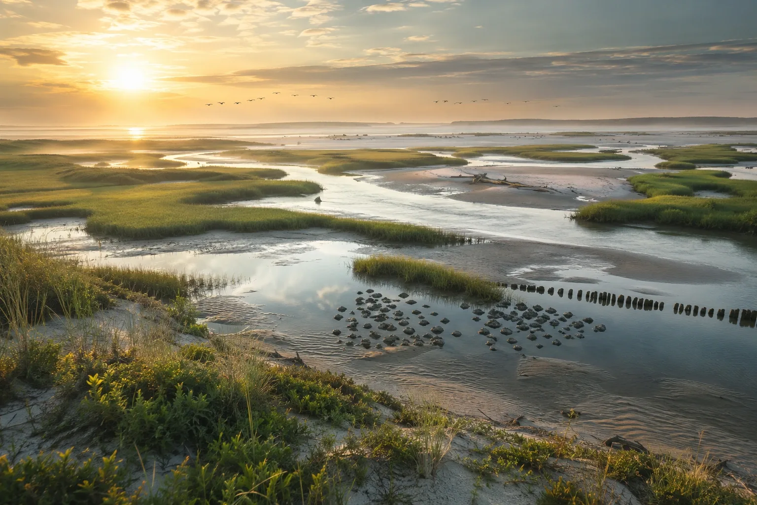 Restored coastal salt marsh with winding tidal channels, migratory birds, reflective pools, and golden sunrise mist.