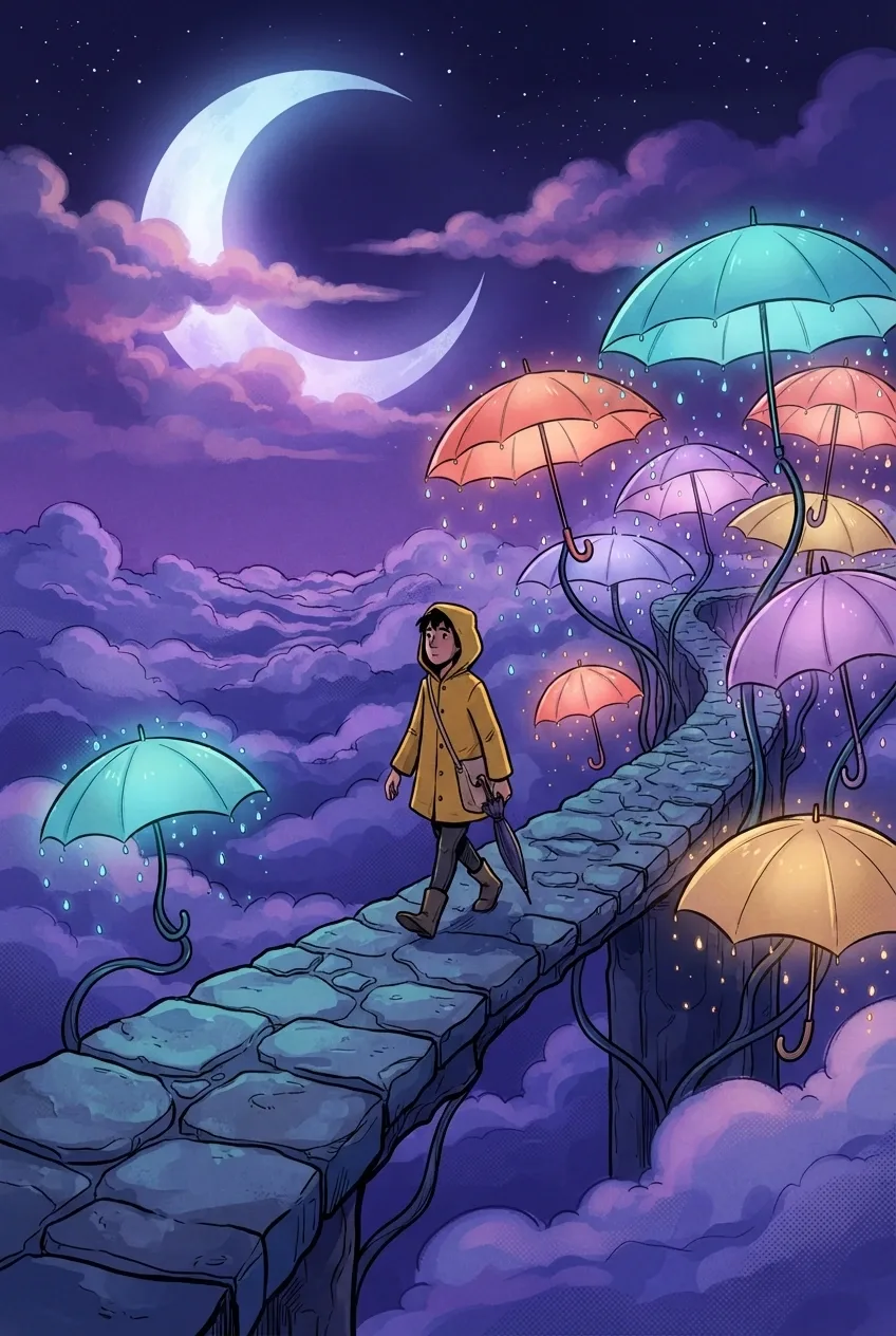 Surreal traveler in a yellow raincoat walking through a moonlit garden of giant glowing umbrellas above violet clouds in Cartoon Comic Book style.