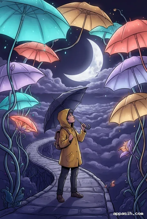 Traveler in a mustard-yellow raincoat beneath giant glowing umbrellas on a suspended path above violet clouds, framed by a crescent moon in Cartoon Comic Book style.