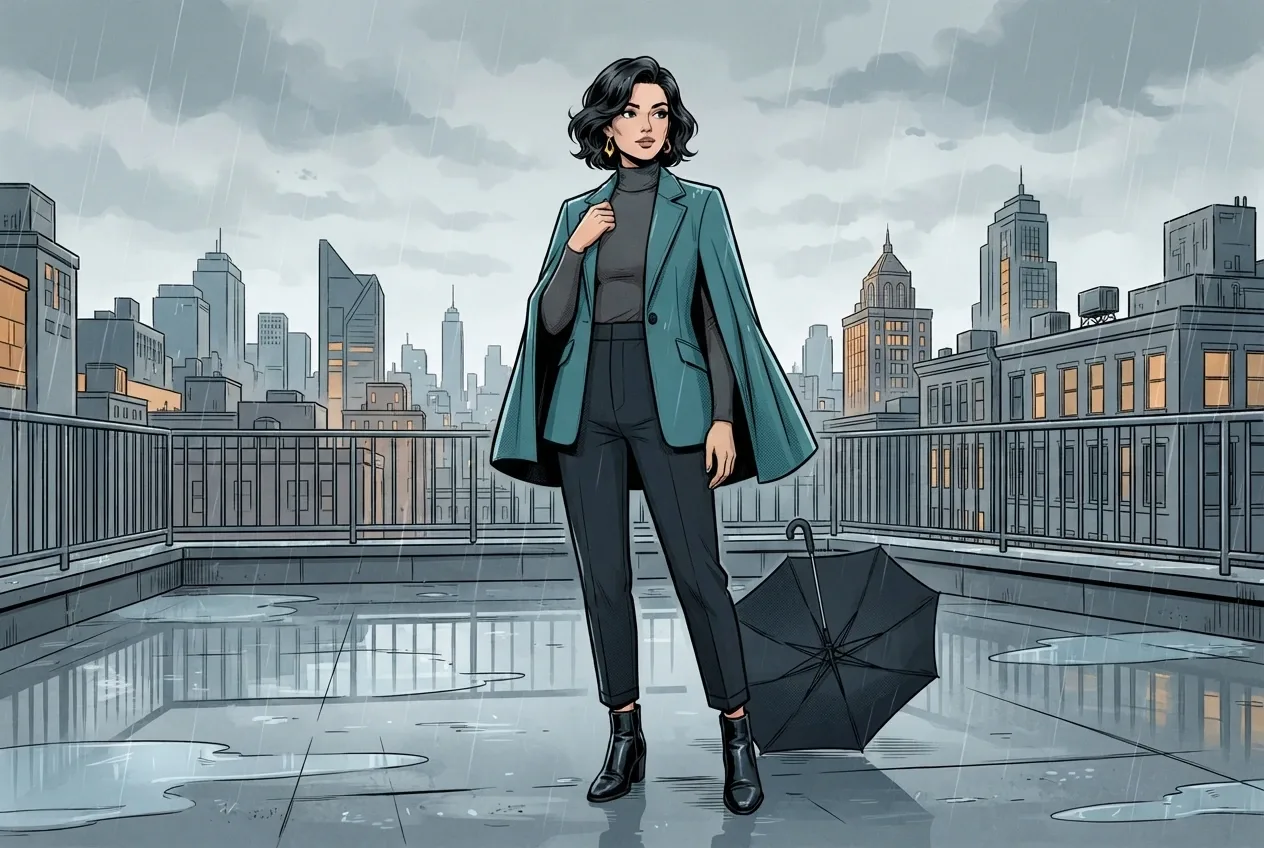 Woman wearing a teal tailored cape and wide-leg trousers on a rainy city rooftop in a comic book cartoon style.