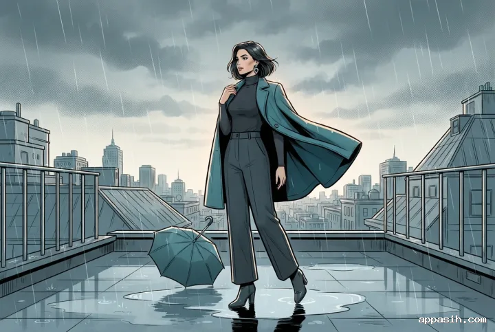 Woman in a teal tailored cape turning slightly in the rain on an urban rooftop, illustrated with bold comic book linework and halftone shading.