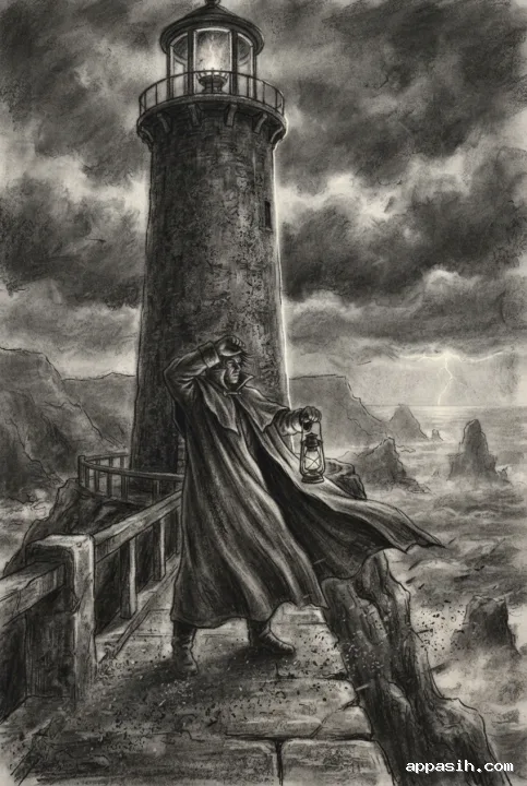 Detailed charcoal drawing of the storm beacon keeper bracing against strong wind beside the same towering cliff signal structure as distant lightning cuts through the clouds.
