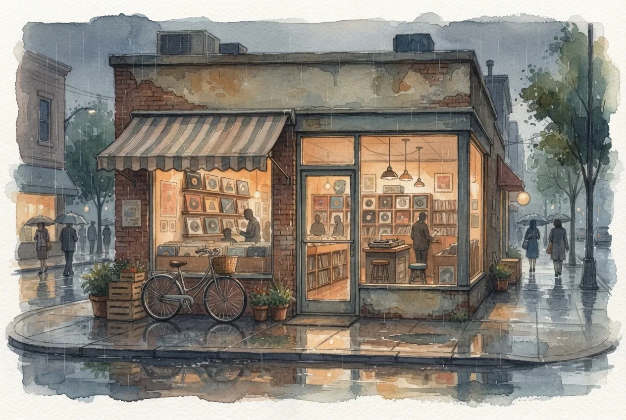 Watercolor painting of a rainy 1970s neighborhood record shop with vinyl displays, a vintage bicycle, warm glowing windows, and reflections across wet pavement.