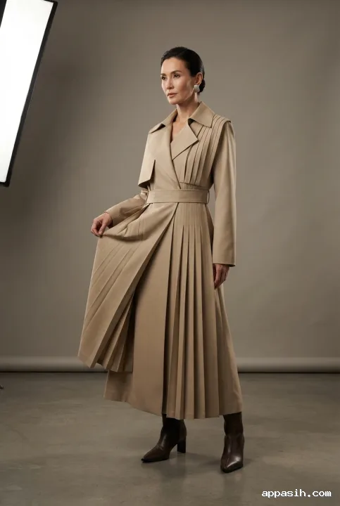 Three-quarter full-body studio portrait of an adult model presenting the pleated panel of a sculptural sand-beige trench dress against a warm gray backdrop.