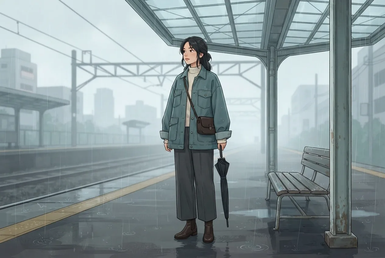 Anime-inspired cartoon scene of a commuter in a teal oversized utility jacket and charcoal wide-leg trousers standing on a rainy urban railway platform.