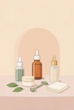 Flat illustration of botanical facial serum bottles, a cosmetic cream jar, green leaves, and a facial roller arranged on a blush vanity.