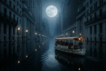 Surreal passenger ferry crossing a mirror-glass flooded city at night beneath a huge suspended moon and rows of half-submerged streetlights.