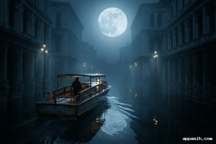 Closer surreal view of the same night ferry moving through a mirror-glass flooded city beneath an oversized suspended moon, mist, monumental buildings, and submerged streetlights.