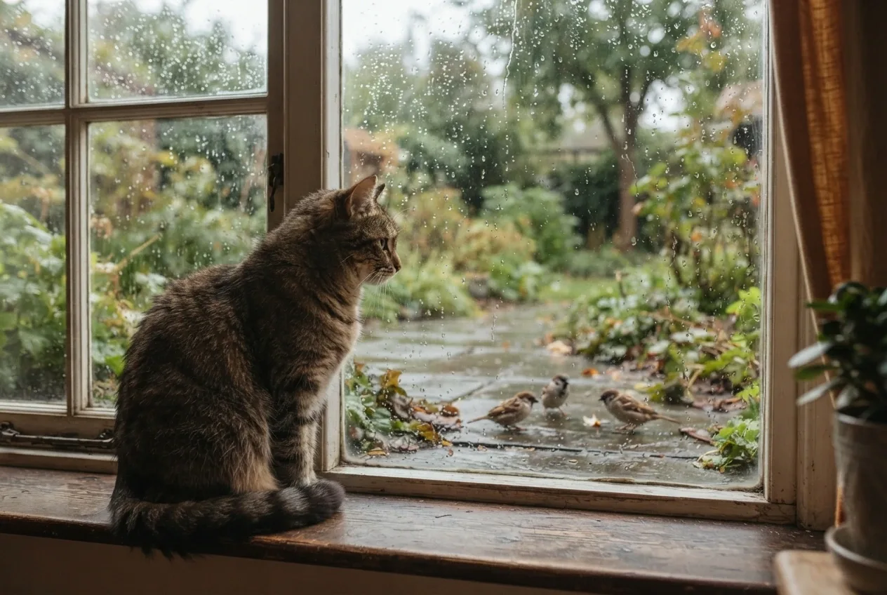 Cinematic tabby cat sitting on a wooden window ledge and watching garden sparrows through rain-covered glass.