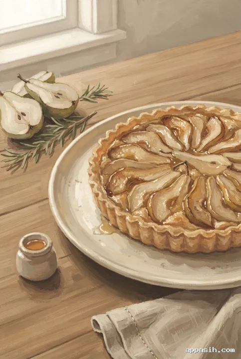 Detailed gouache painting of a pear tart with rosemary, fresh pears, honey, and cream ceramic tableware viewed closely on a softly lit wooden kitchen table.