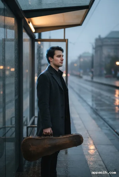Cinematic environmental portrait of a violinist holding a wooden case beneath a rain-streaked tram shelter with reflective pavement and dusk city lights.