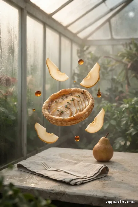 Close surreal view of a floating pear tart in the same misty glass conservatory, surrounded by suspended pear slices, amber syrup droplets, and warm diffused botanical light.