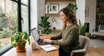 Modern remote work editorial concept with a professional working on a laptop in a stylish home office