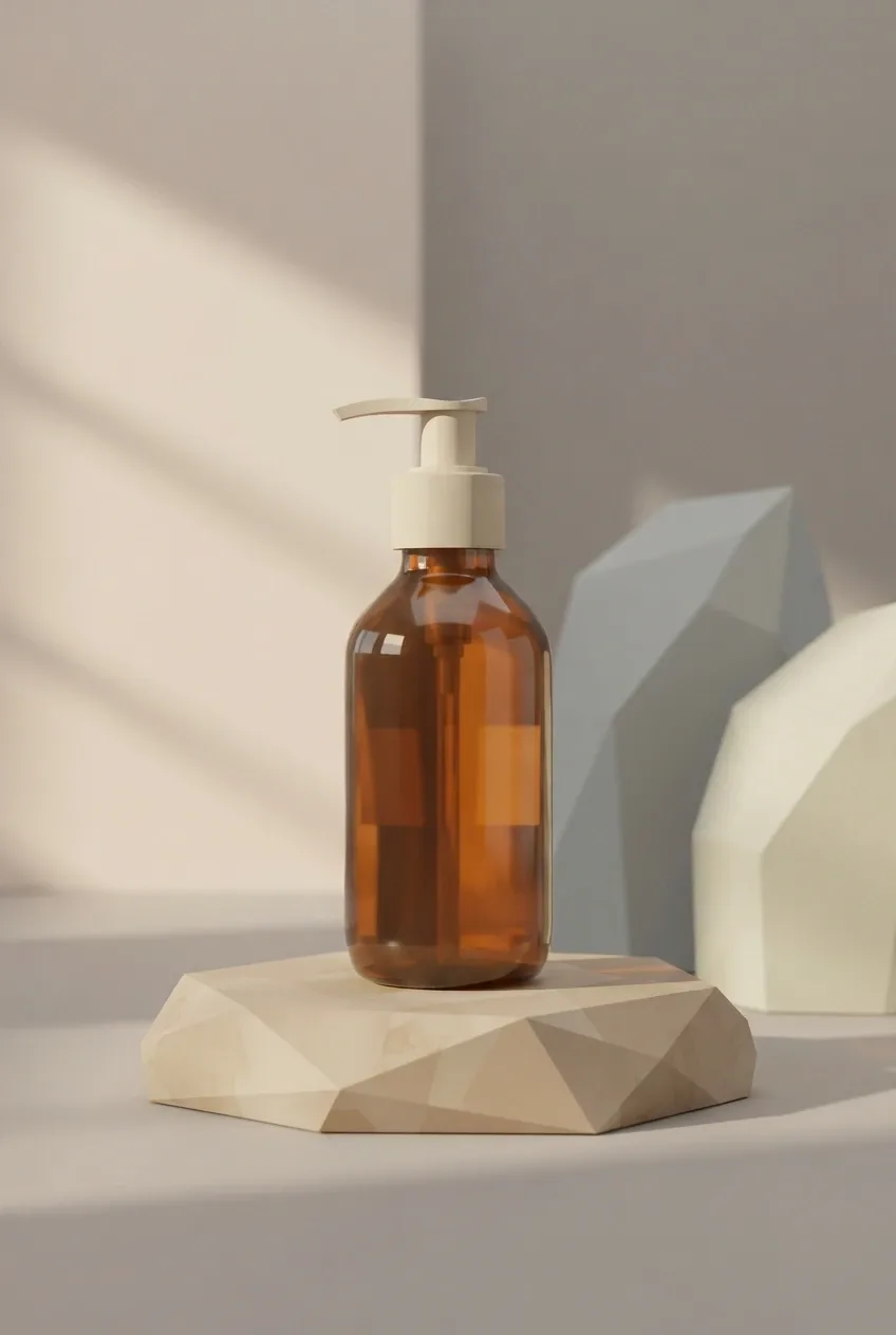 Low poly 3D amber skincare bottle with cream pump standing on a faceted stone pedestal in a warm minimalist product studio.