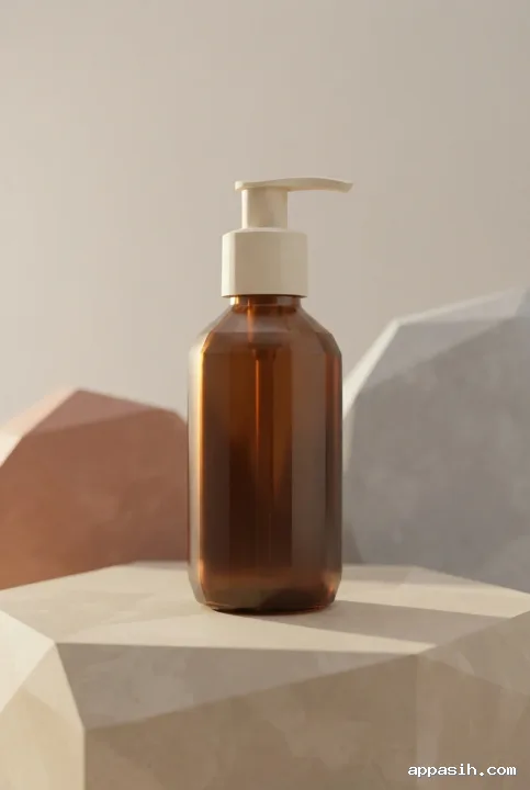 Closer low poly 3D view of an amber skincare bottle with cream pump on a faceted stone pedestal with warm geometric studio lighting.