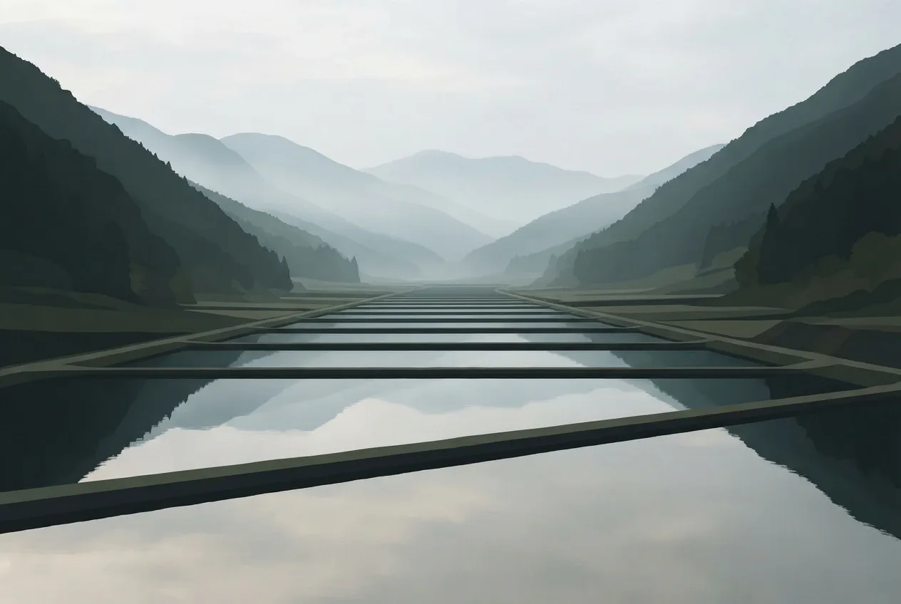 Minimalist graphic mountain valley with geometric terraced water pools, soft morning mist, muted green slopes, and layered distant ridges.