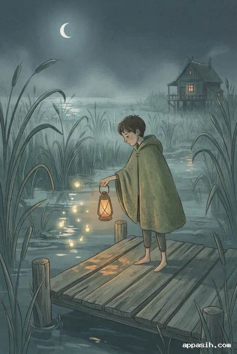 Lantern keeper lowering an amber lantern toward glowing marsh spirits on a moonlit wooden walkway, with reeds and a distant stilt cottage in a storybook illustration.
