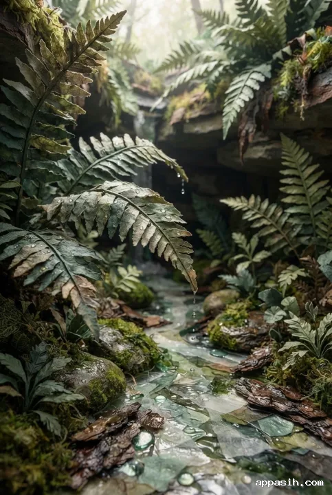 Close vertical view of the same fern grotto with detailed Origami Style folded fronds, tactile Mixed Media fibers, mossy stones, droplets, and a quiet woodland stream after rain.