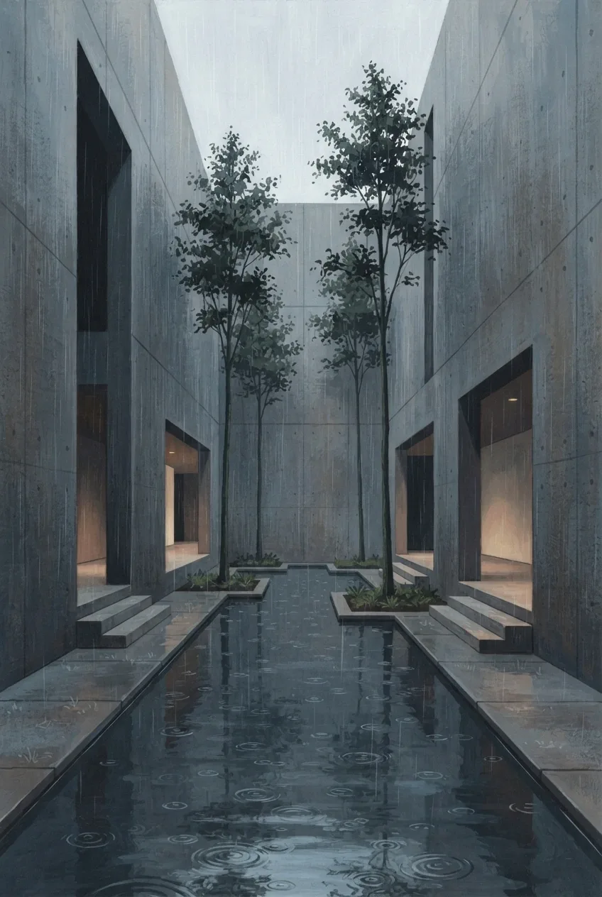 Gouache painting of a rain-soaked contemporary concrete courtyard atrium with a reflecting pool, slender trees, and warm recessed interior lighting.