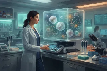 Digital painting of a biomedical researcher examining luminous immune cells and molecular structures in a modern laboratory.