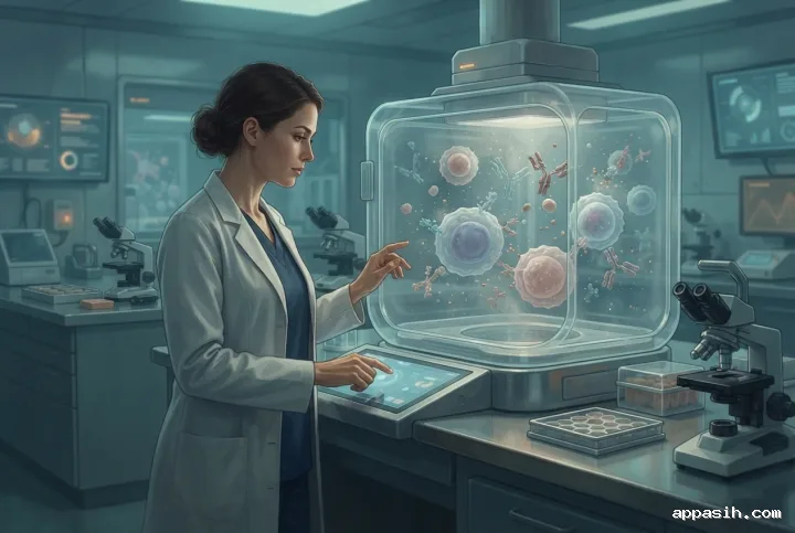 Digital painting showing a biomedical researcher closely studying luminous immune cells inside a translucent chamber in a modern laboratory.